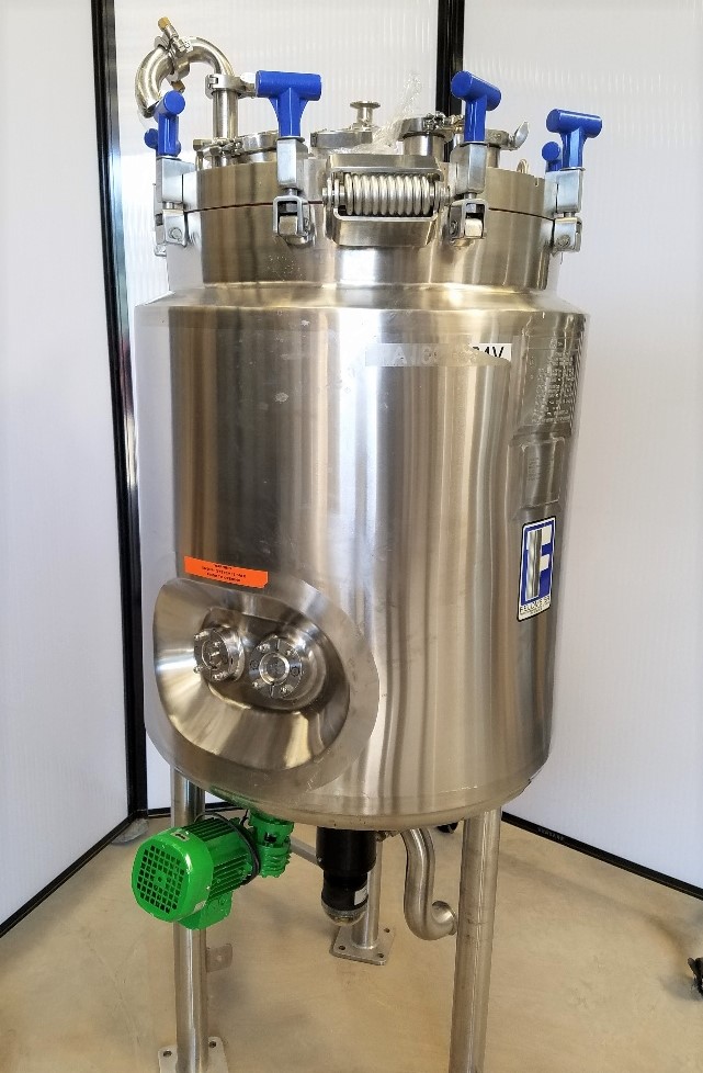 ***SOLD*** 200 Liter (52 gal) Sanitary 316L Stainless Steel Reactor. FELDMEIER.  Rated 50/FV PSI @ 350/-20 DegF internal.  Jacket rated 150 PSI @ 350/-20 DegF.  Bottom mounted magnetic mixer/agitator with 6